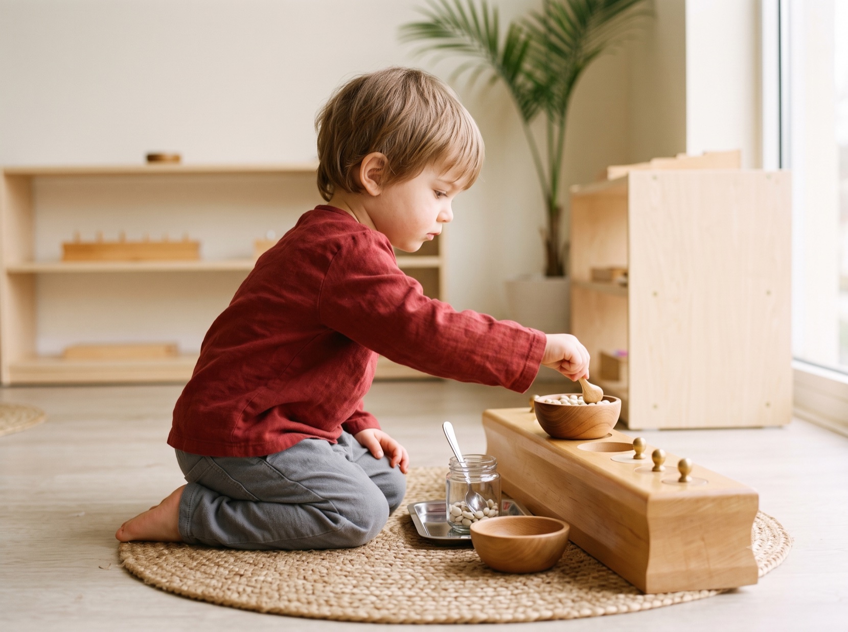 A child absorbed in a practical-life spooning work